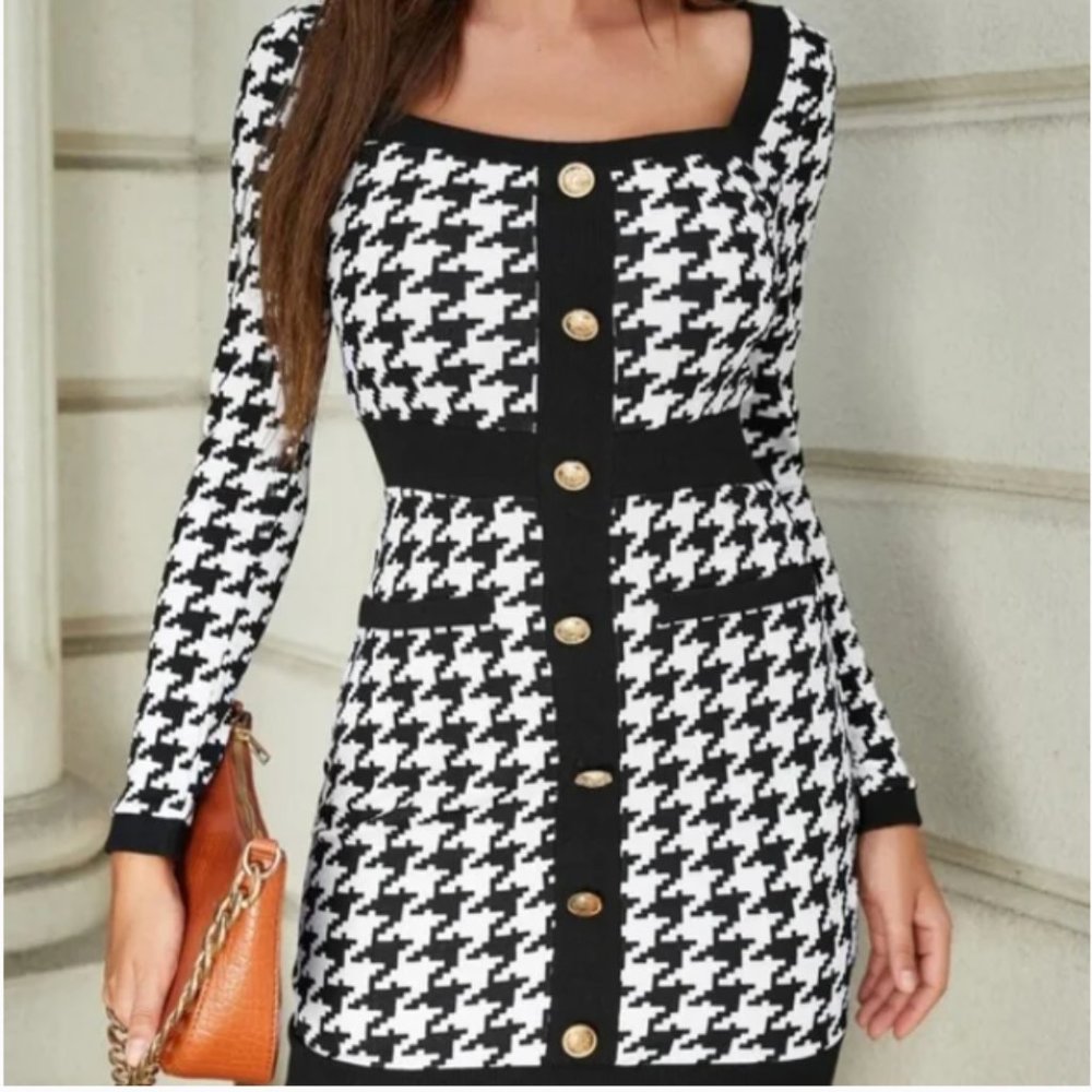 Houndstooth Single Breasted Square Neck Bodycon Dress
